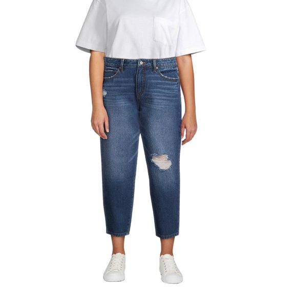 Time and Tru Denim - Time and Tru Women's Cropped Distressed Barrel Jeans - Vintage Medium Wa…
